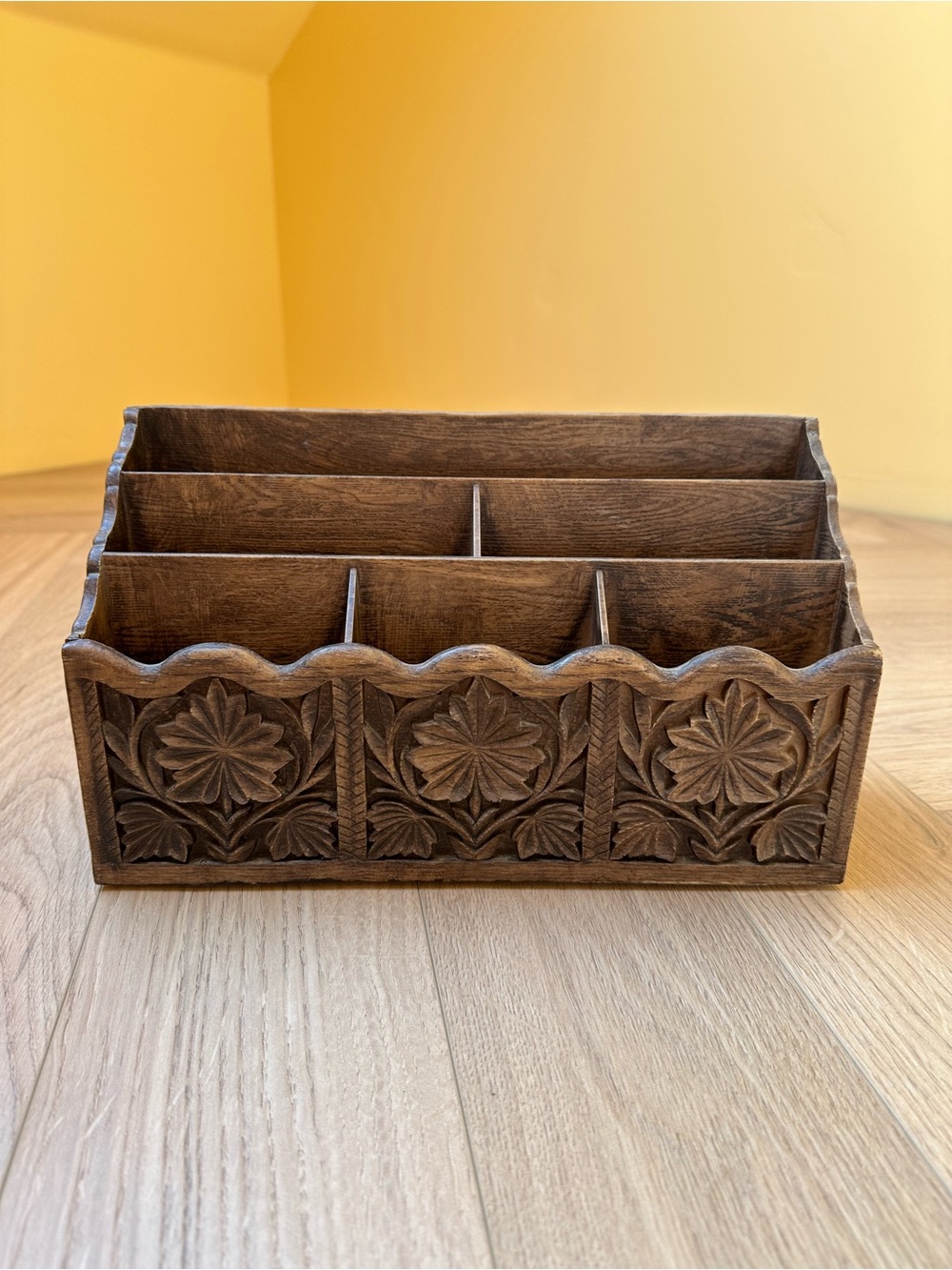Carved Wooden Desk Organizer - Brown